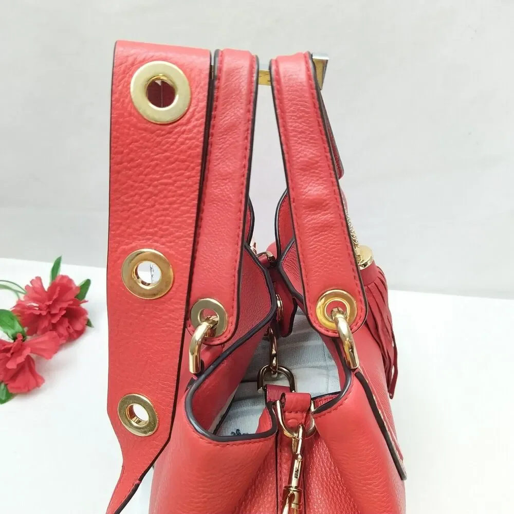 Michael Kors Brooklyn Red Leather Tassel Double Handle Satchel Shoulder Bag